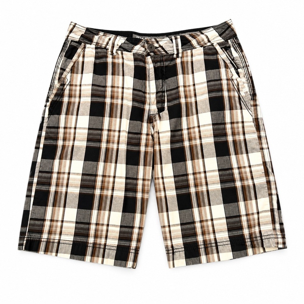 BKE Fenton‎ Shorts Mens 32 Chino Plaid Brown Black Athletic Fit Buckle Preppy